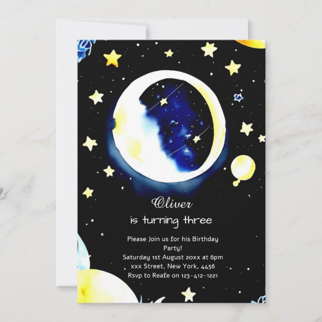 Convites Watercolor Cosmic Galaxy Birthday (Frente)