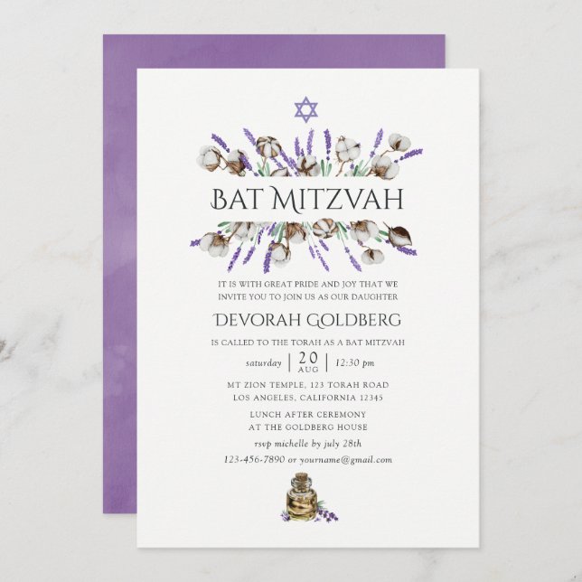 Convites Watercolor Cotton Lavanda Bat Mitzvah (Frente/Verso)