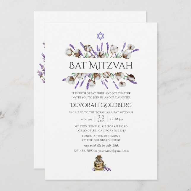 Convites Watercolor Cotton Lavanda Bat Mitzvah (Frente/Verso)