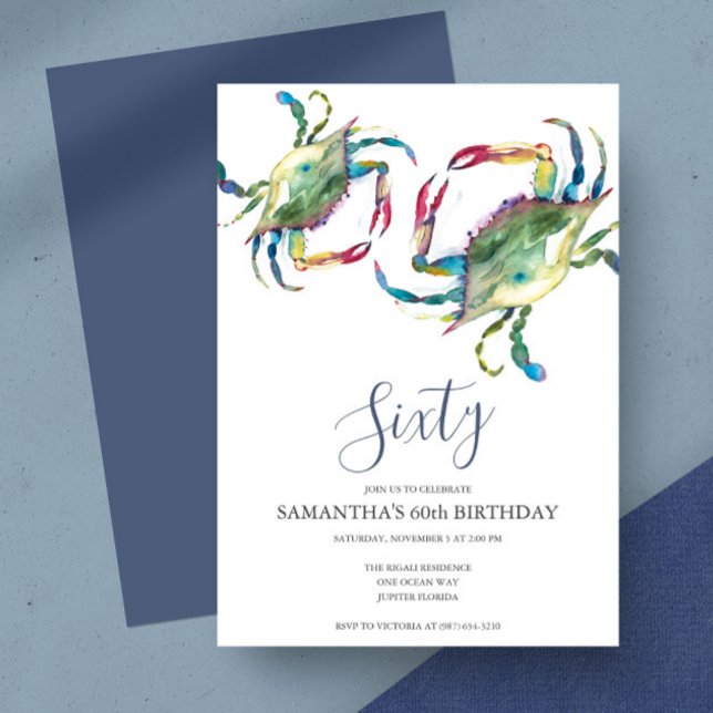 Convites Watercolor Crab Boil 60º Aniversário (Birthday invitation crab fest watercolor blue crab art by Victoria Grigaliunas)