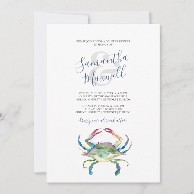 Convites Watercolor Crab Couple's Dinner Invitation (Frente)