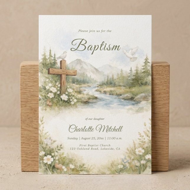 Convites Watercolor Cross Minimalist Baptism Invitation (Criador carregado)
