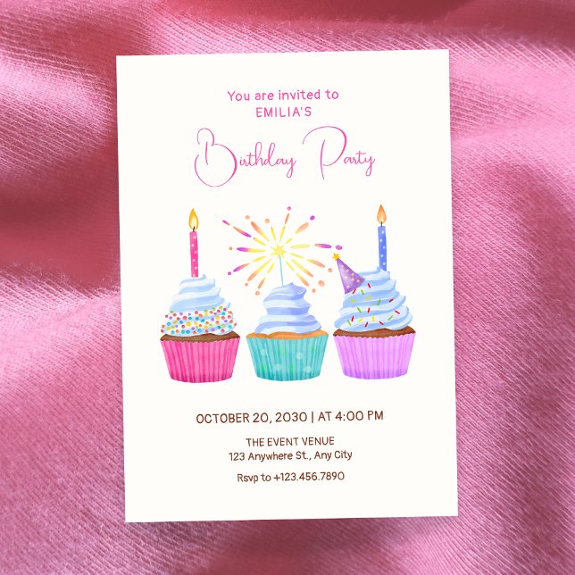 Convites Watercolor cupcakes birthday (Criador carregado)