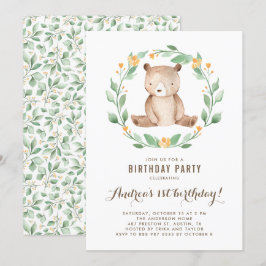 Convites Watercolor Cute Baby Bear Woodland Primeiro Aniver