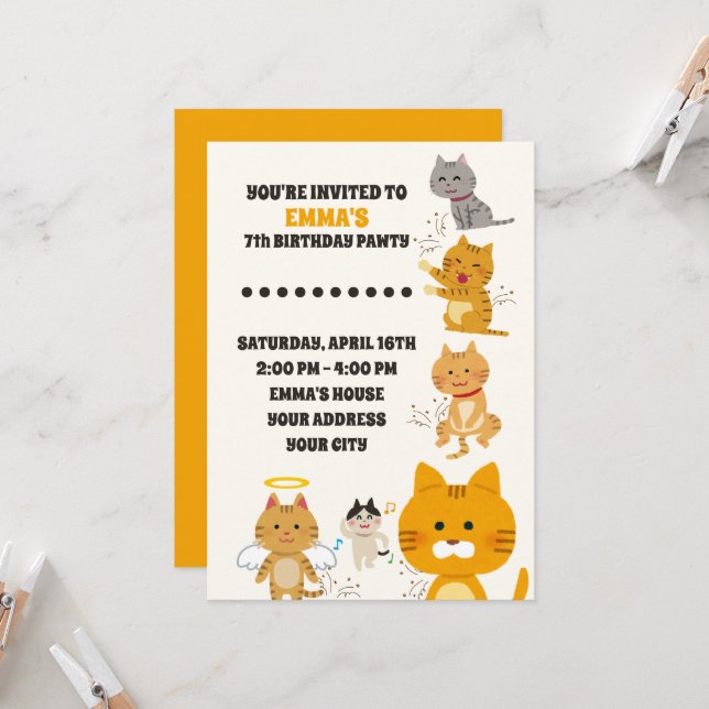 Convites Watercolor Cute Cats Birthday (Frente/Verso In Situ)