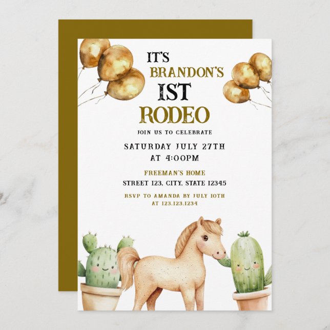Convites Watercolor Cute Cowboy 1rua Rodeio Aniversário (Frente/Verso)