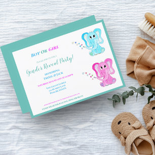 Convites Watercolor Cute Elephants Gender Reveal Party