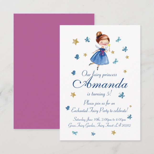 Convites Watercolor CUTE Fairy Princess Butterfly Aniversár (Frente/Verso)