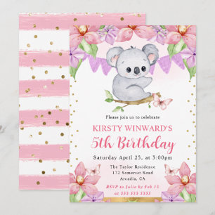 Convites Watercolor Cute Koala e Flores Tropicais Aniversár
