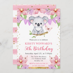 Convites Watercolor Cute Koala e Flores Tropicais Aniversár