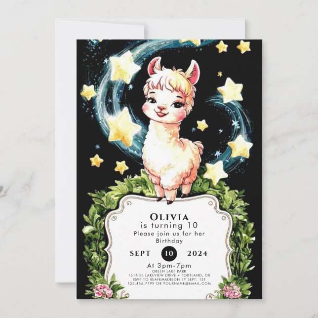 Convites Watercolor Cute Llama Birthday (Frente)