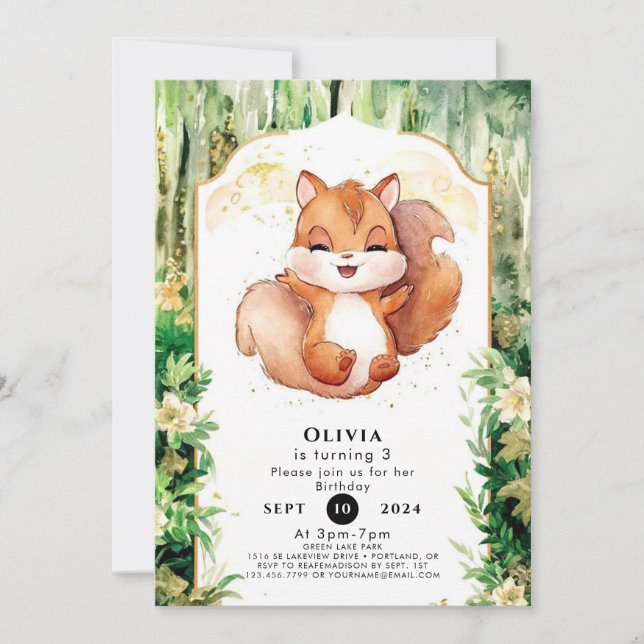 Convites Watercolor Cute Squirrel Birthday (Frente)