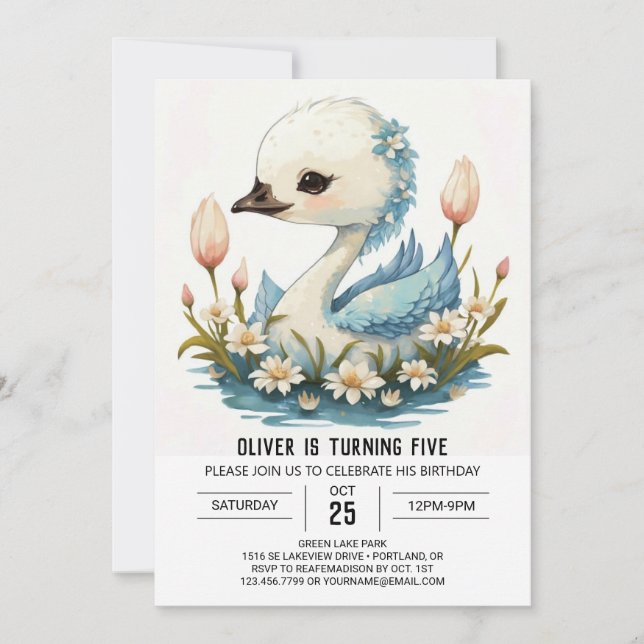 Convites Watercolor Cygnus Swan Birthday (Frente)