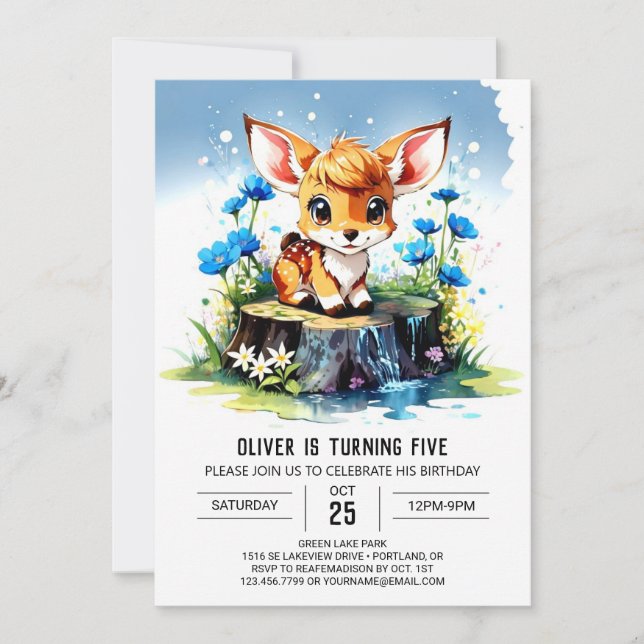 Convites Watercolor Deer Boho Boy Birthday (Frente)