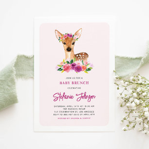 Convites Watercolor Deer Purple Flowers Baby Brunch