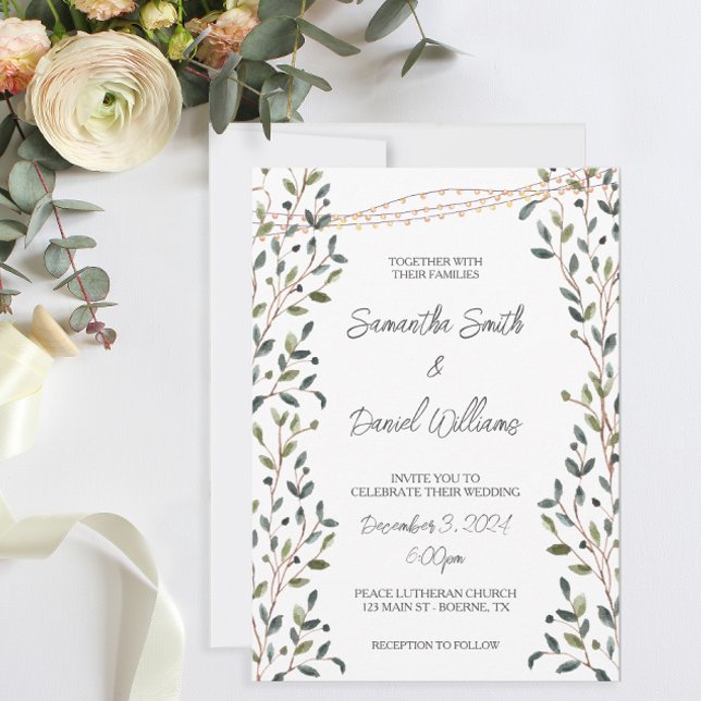 Convites Watercolor Deixa Casamento Verde (Pretty greenery and fairy lights decorate these wedding invitations.)