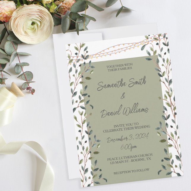Convites Watercolor Deixa Casamento Verde (A botanical themed wedding invitation in moss green.)