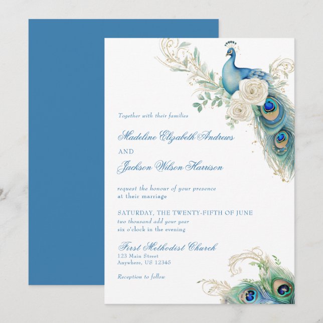 Convites Watercolor Designer Blue Monogram Crest Wedding (Frente/Verso)