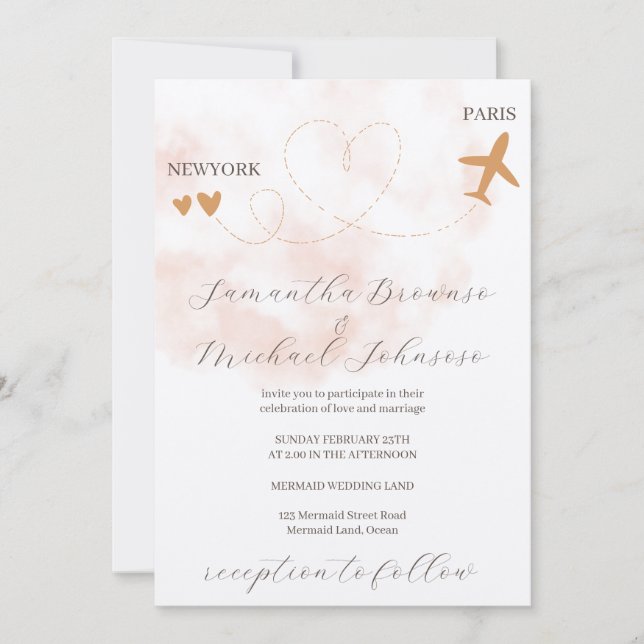 Convites Watercolor Destination plane flight abroad wedding (Frente)