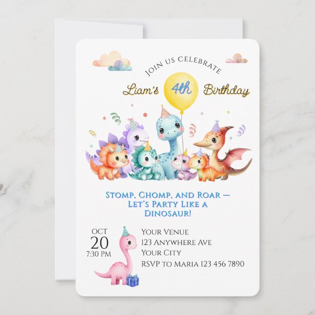 Convites Watercolor Dino Birthday Party (Frente)