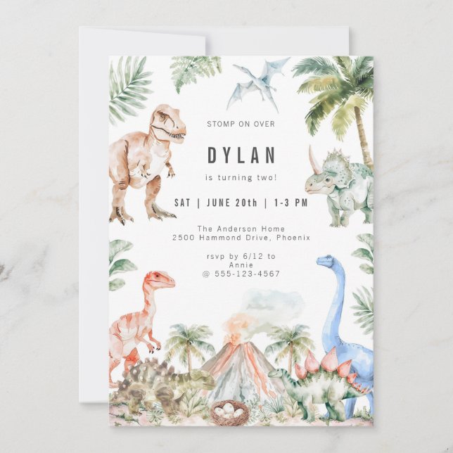 Convites Watercolor Dinosaur Kids Birthday Party Invitation (Frente)