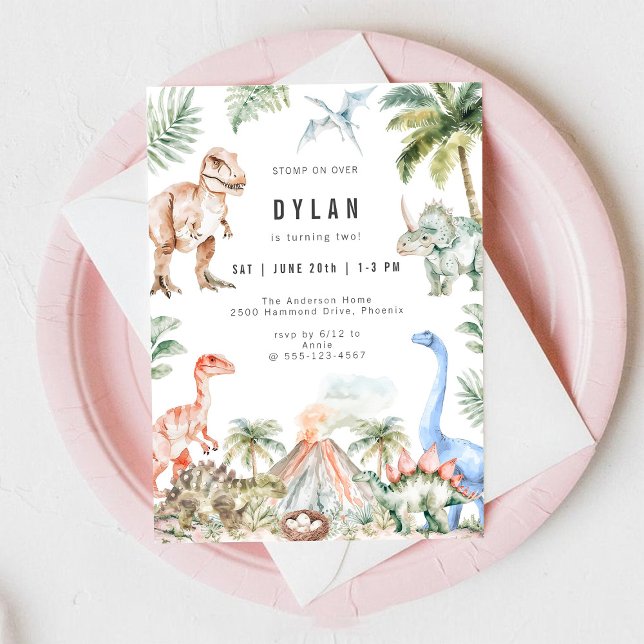 Convites Watercolor Dinosaur Kids Birthday Party Invitation (Criador carregado)