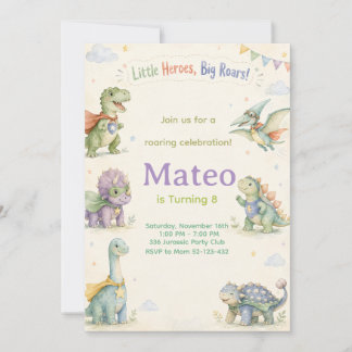 Convites Watercolor Dinosaur Superhero Birthday