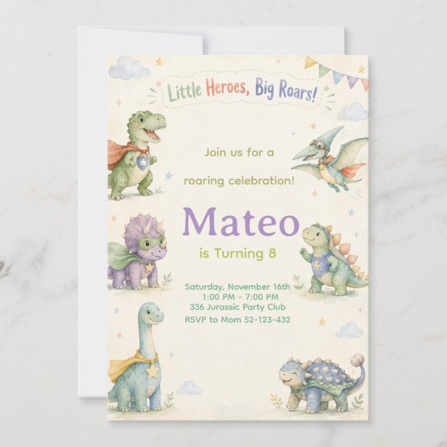 Convites Watercolor Dinosaur Superhero Birthday (Frente)