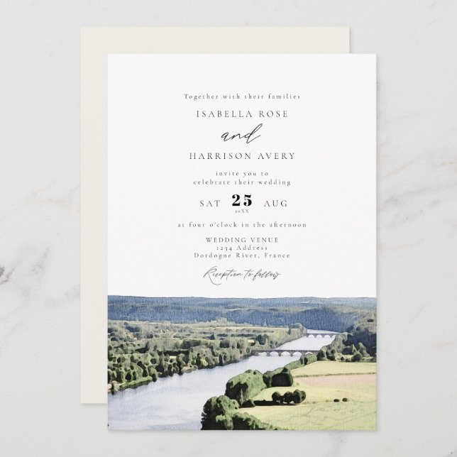 Convites Watercolor Dordogne River South France Wedding (Frente/Verso)