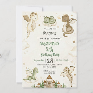 Convites Watercolor Dragon Birthday Party Invitation