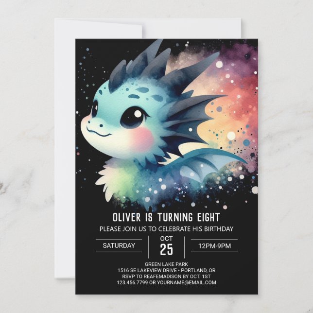 Convites Watercolor Dreamy Dragon Birthday (Frente)