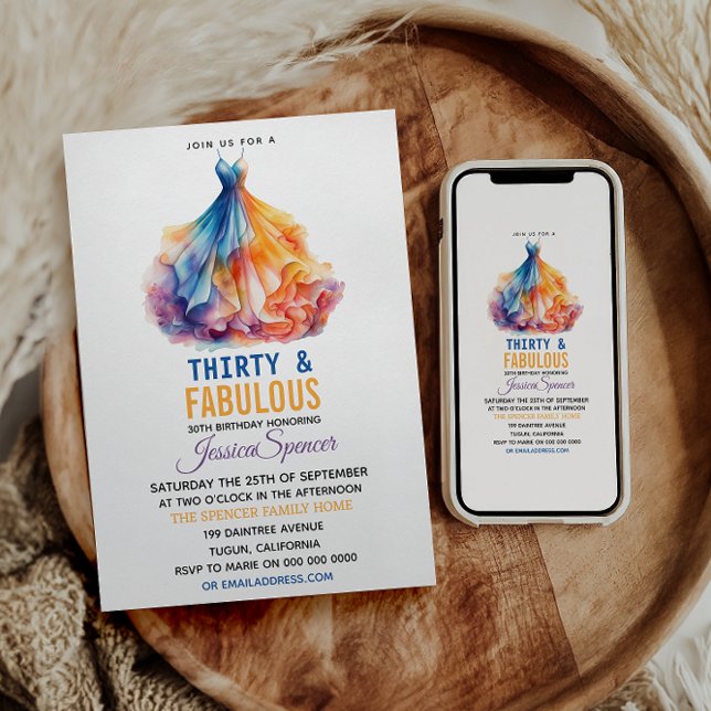 Convites Watercolor Dress 30th Birthday Elegant & Feminine  (Criador carregado)