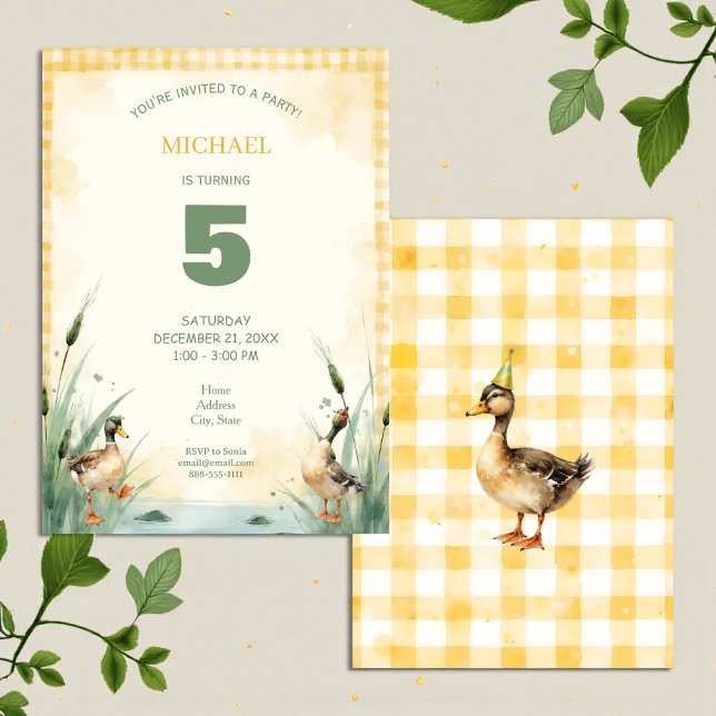 Convites Watercolor Duck Teal, Yellow Birthday Party (Criador carregado)
