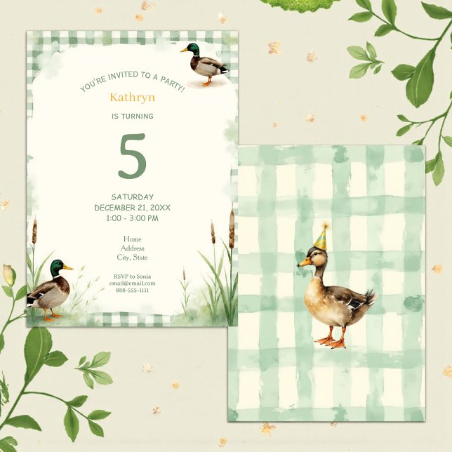 Convites Watercolor Duck Teal, Yellow First Birthday Party (Criador carregado)