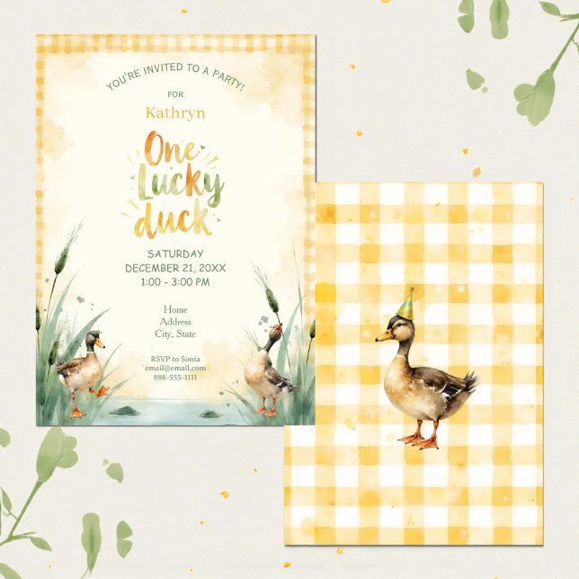Convites Watercolor Duck Teal, Yellow First Birthday Party (Criador carregado)