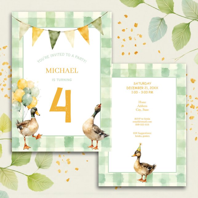 Convites Watercolor Duck Teal, Yellow First Birthday Party (Criador carregado)