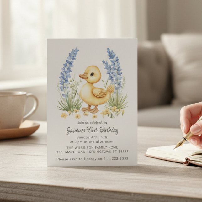 Convites Watercolor Duckling First Birthday Invitation (Criador carregado)