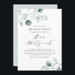 Convites Watercolor Dusty Bar Eucalyptus Azul Mitzvah<br><div class="desc">O convite do bar verde mitzvah,  que inclui folhas de eucalipto azuis empoeiradas de cor d'água,  com um roteiro cômico. Personalize adicionando seus próprios detalhes. Este convite de eucalipto é perfeito para qualquer tema e estação de bar mitzvah.</div>