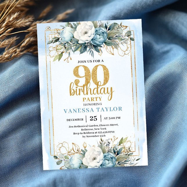 Convites Watercolor Dusty Blue 90th Birthday Party Invite  (Watercolor Dusty Blue 90th Birthday Party Invite Glitter

)