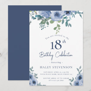 Convites Watercolor Dusty Blue Floral 18º aniversário do Qu