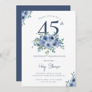 Convites Watercolor Dusty Blue Floral 45º aniversário do Qu