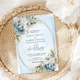Convites Watercolor Dusty Blue Floral Gold Wedding Invite