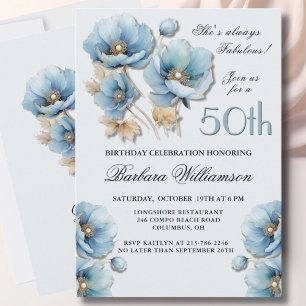 Convites Watercolor Elegant Blue Dourado Floral 50º Anivers