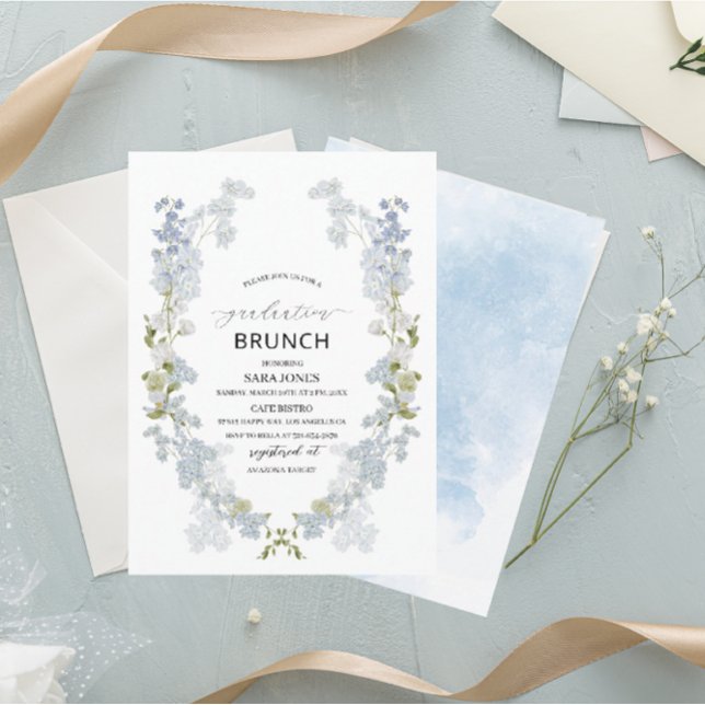 Convites Watercolor Elegant Blue Flars graduation Brunch (Criador carregado)