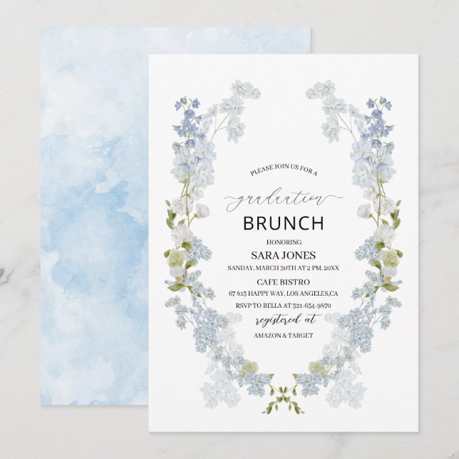 Convites Watercolor Elegant Blue Flars graduation Brunch (Frente/Verso)
