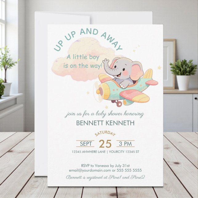 Convites Watercolor Elephant Airplane Boy Invitation (Criador carregado)
