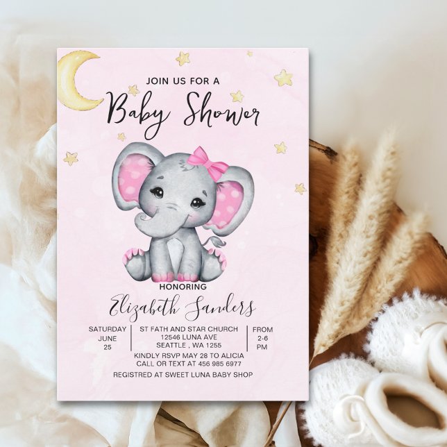 Convites Watercolor Elephant Baby Shower Girl Pink (Criador carregado)