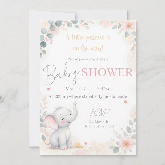 Convites Watercolor Elephant Baby Shower Invitation (Frente)
