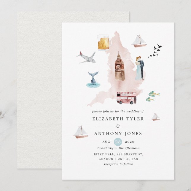 Convites Watercolor England UK London Destino Casamento (Frente/Verso)