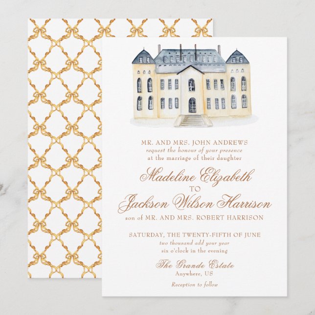 Convites Watercolor English Manor Estate Wedding (Frente/Verso)